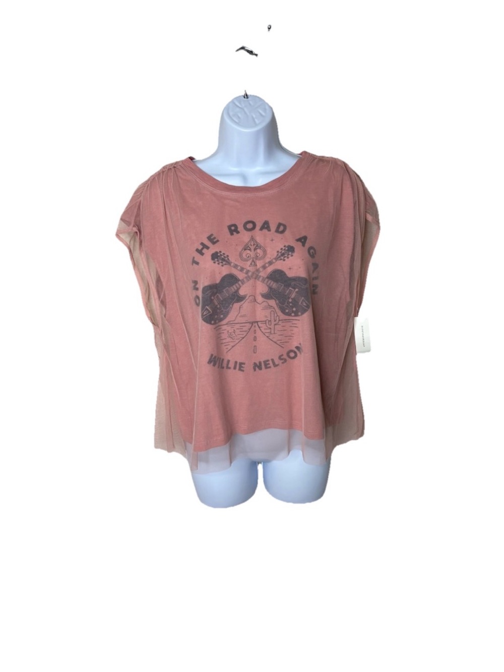 Pilcro Anthropologie Willie Nelson Tulle Mesh Overlay Graphic Tee Pink NWT Sz M